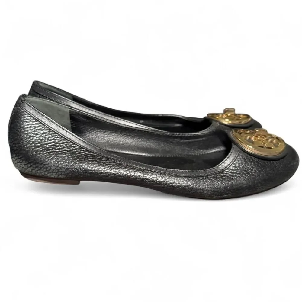 Tory Burch Black Leather Ballet Flats Women’s Size 8.5M Gold Logo Round Toe Shoe